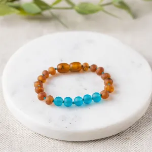 Kids | Marine Blue Sea Glass   Raw Cognac Amber Bracelet