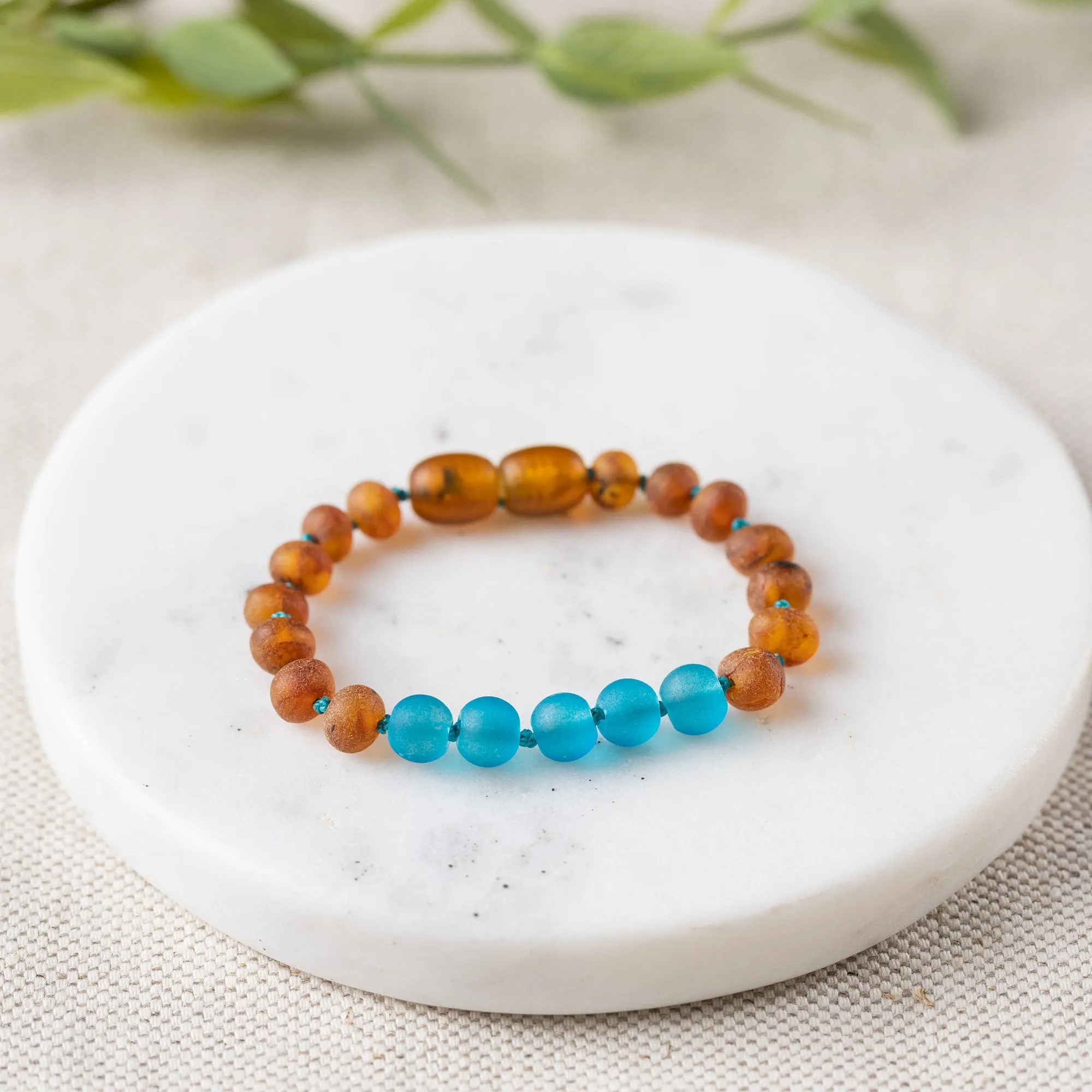 Kids | Marine Blue Sea Glass   Raw Cognac Amber Bracelet