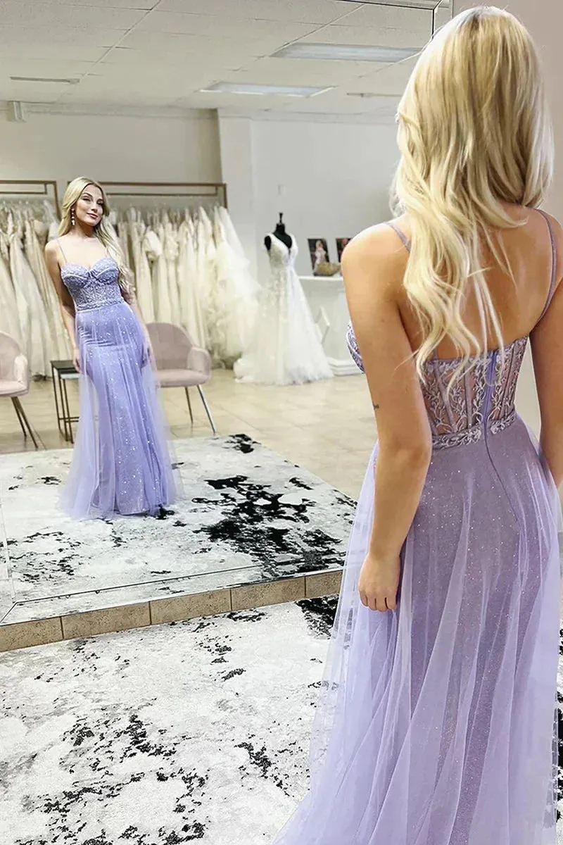 Lilac Sweetheart Sequins Long Prom Dresses with Appliques Charming Evening Dress
