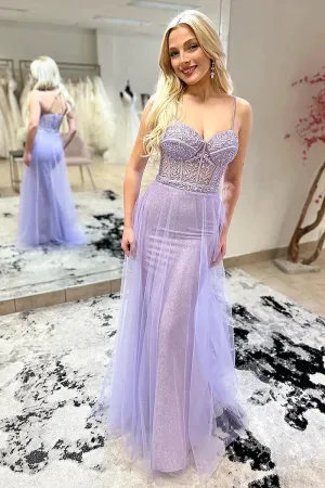Lilac Sweetheart Sequins Long Prom Dresses with Appliques Charming Evening Dress