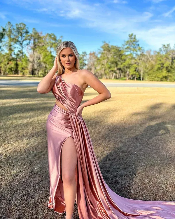 Mermaid Evening Dress One Shoulder Satin Prom Dresses with Slit Charming