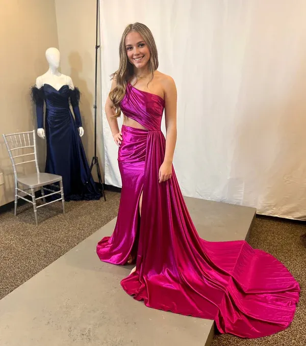 Mermaid Evening Dress One Shoulder Satin Prom Dresses with Slit Charming