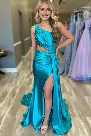 Mermaid Evening Dress One Shoulder Satin Prom Dresses with Slit Charming
