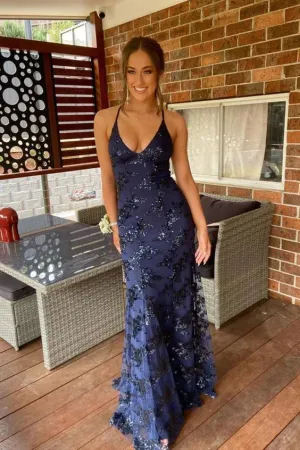 Navy Blue Mermaid Lace Long Evening Dress Formal Prom Dress Sexy Charming