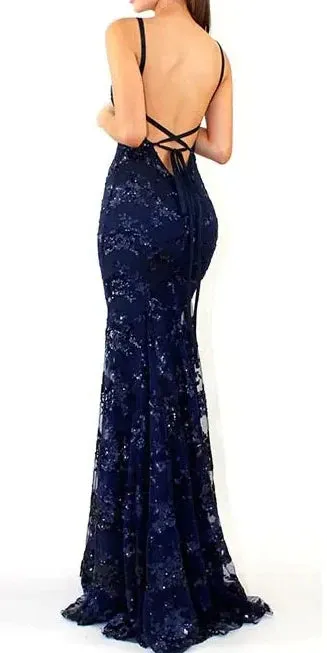 Navy Blue Mermaid Lace Long Evening Dress Formal Prom Dress Sexy Charming