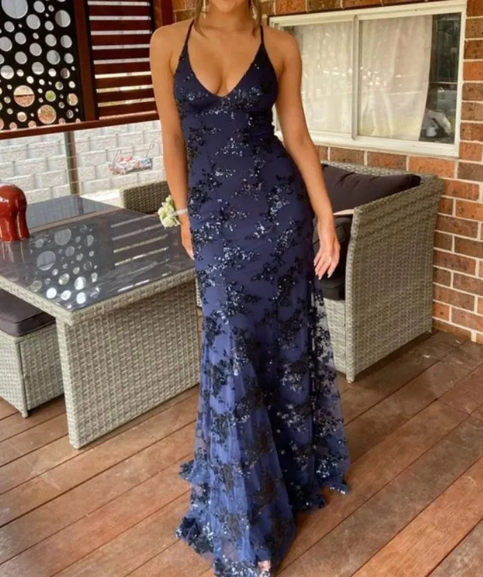 Navy Blue Mermaid Lace Long Evening Dress Formal Prom Dress Sexy Charming