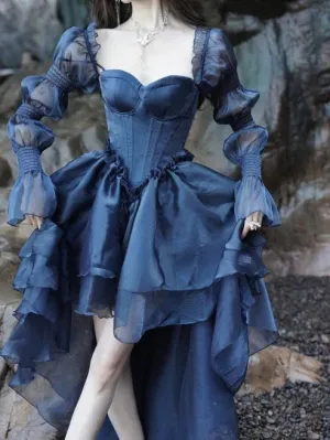 New Vintage Navy Blue Ruffle Casual Fashion Party Prom Dress Charming Evening Dress