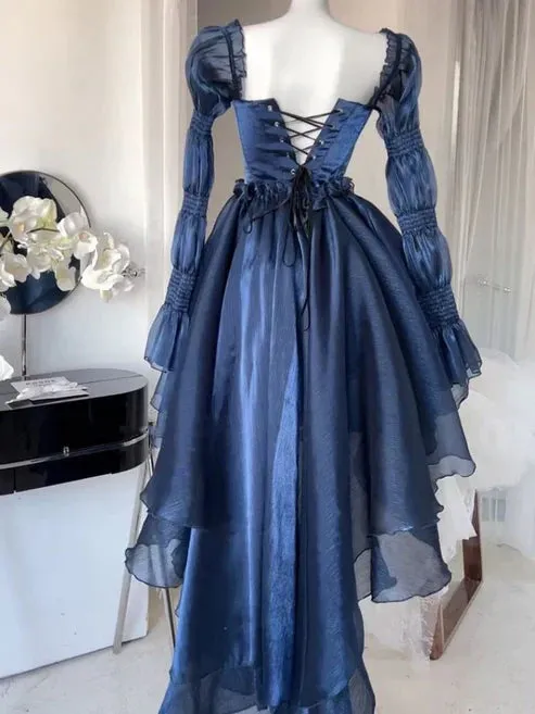 New Vintage Navy Blue Ruffle Casual Fashion Party Prom Dress Charming Evening Dress