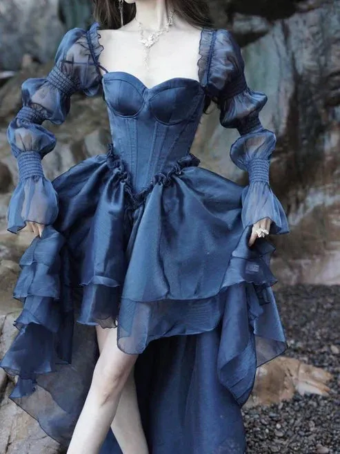New Vintage Navy Blue Ruffle Casual Fashion Party Prom Dress Charming Evening Dress