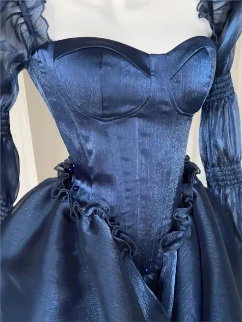 New Vintage Navy Blue Ruffle Casual Fashion Party Prom Dress Charming Evening Dress