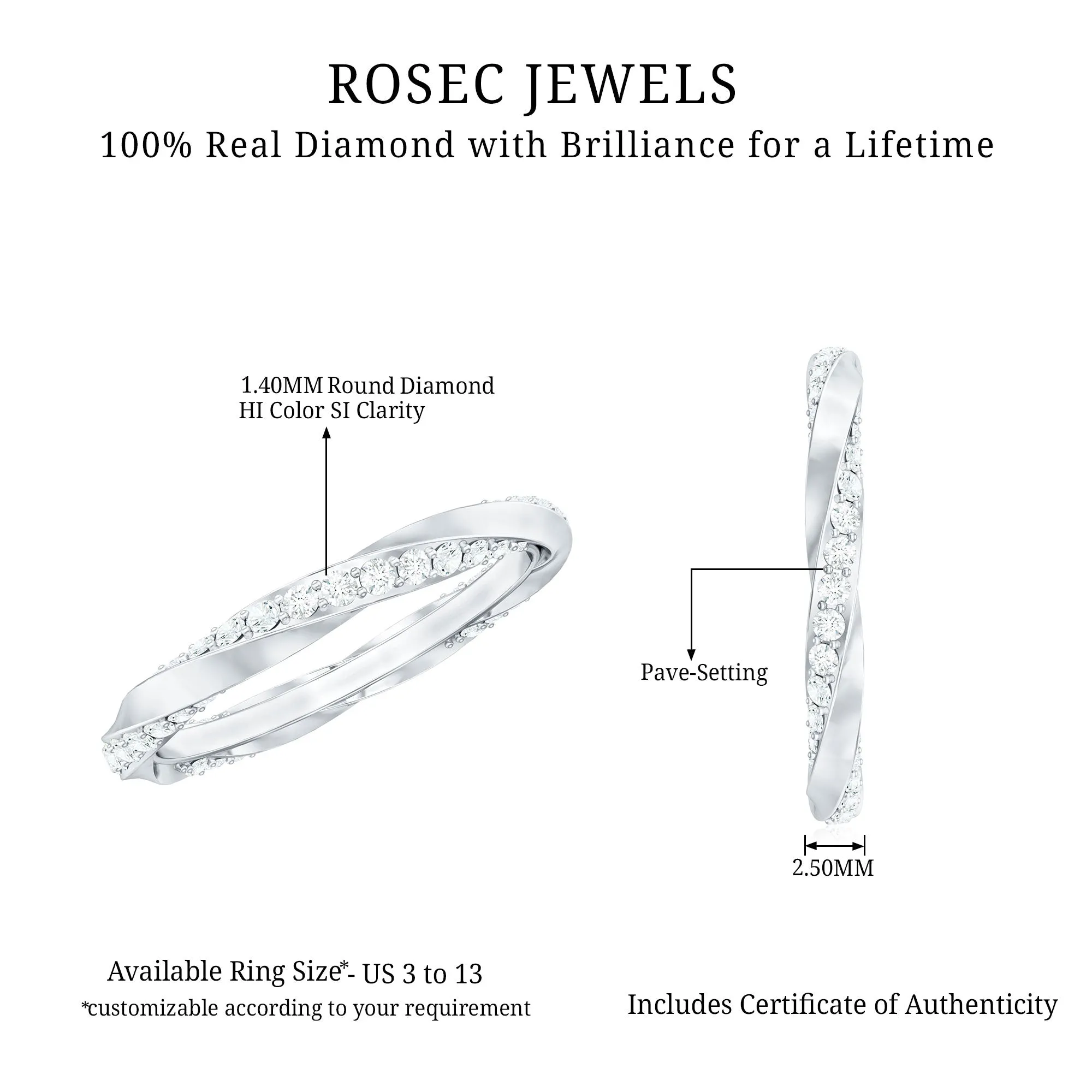 Pave Set Diamond Stackable Ring with Twisted Details