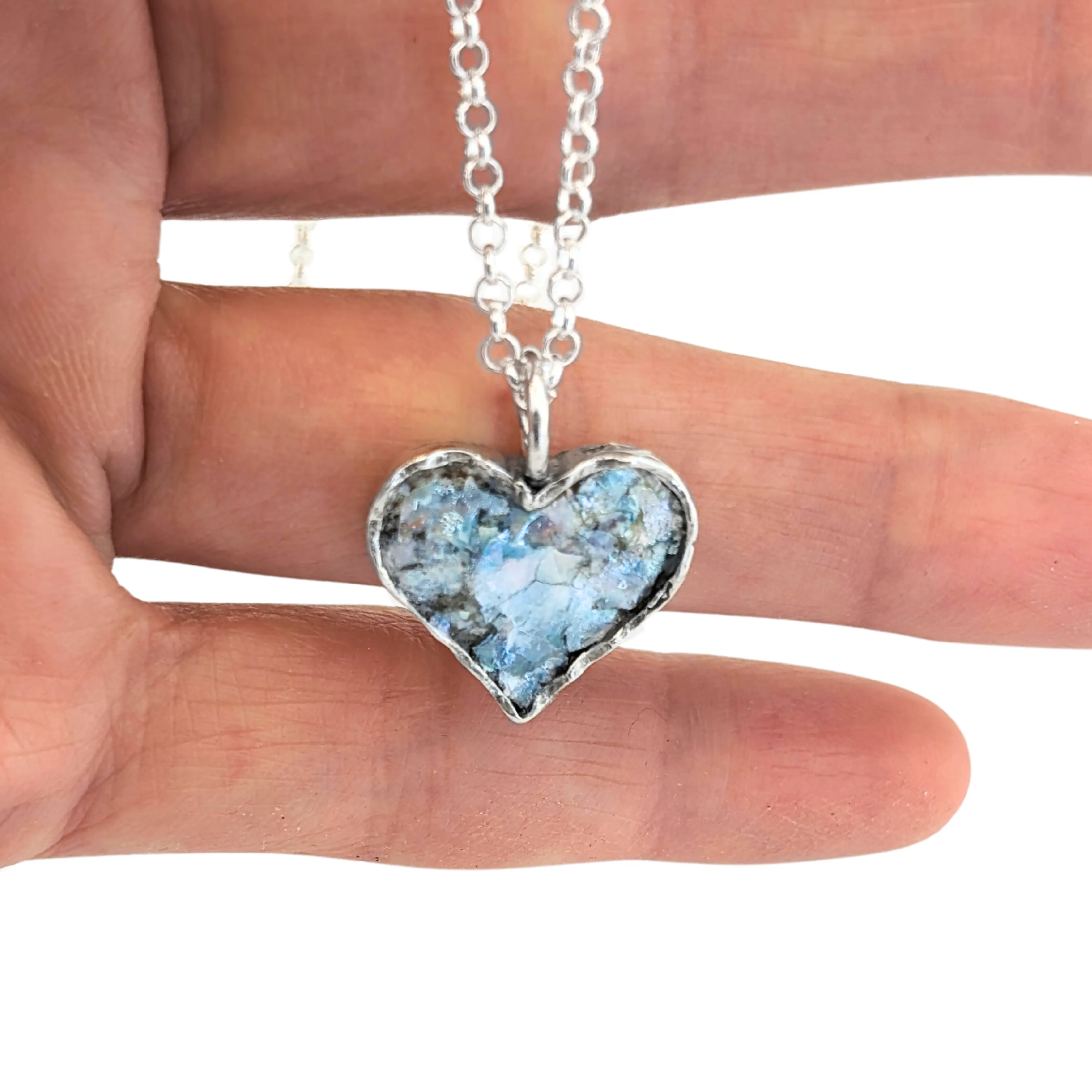 Roman Glass and Sterling Silver Heart Pendant Necklace – Ready to Ship for Christmas