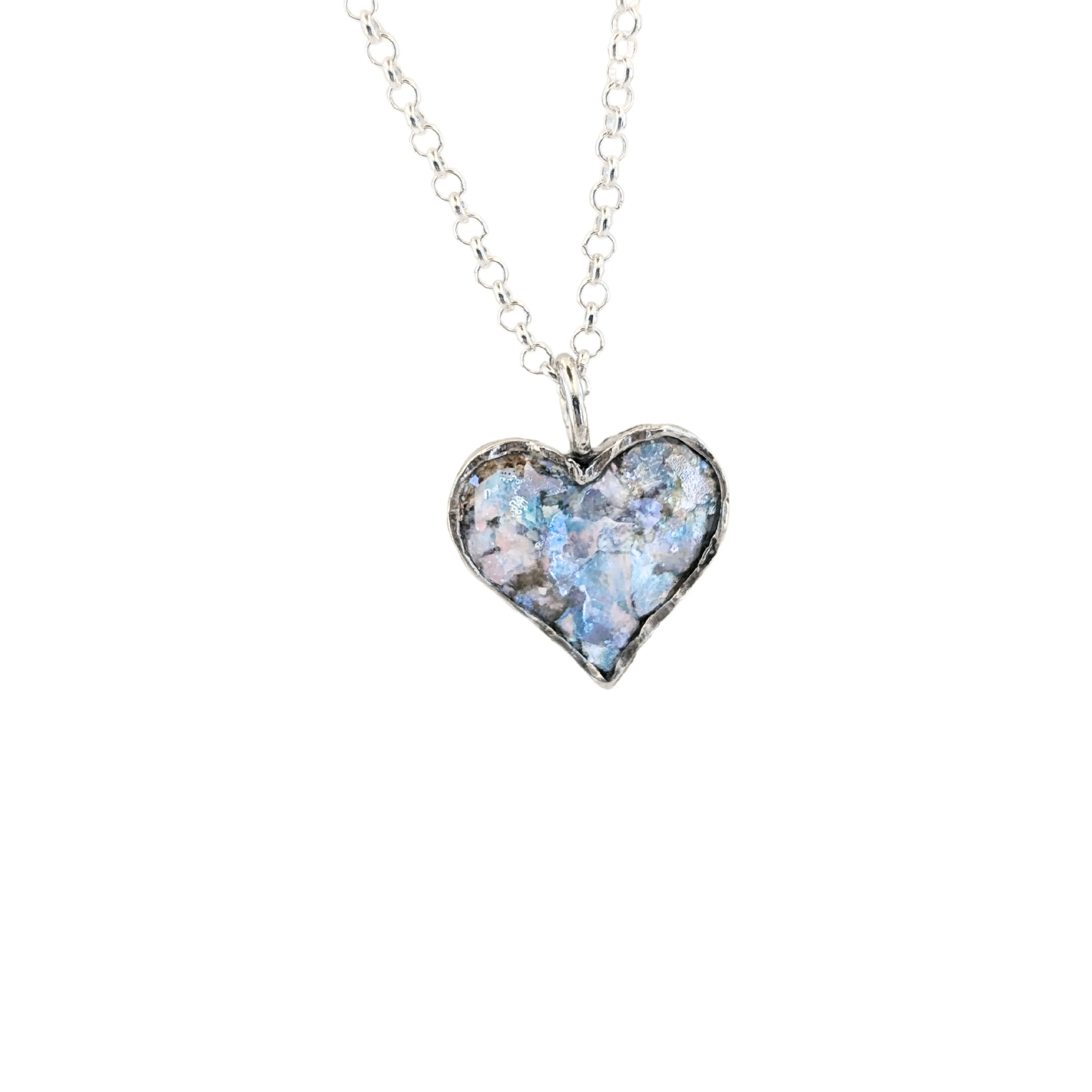 Roman Glass and Sterling Silver Heart Pendant Necklace – Ready to Ship for Christmas