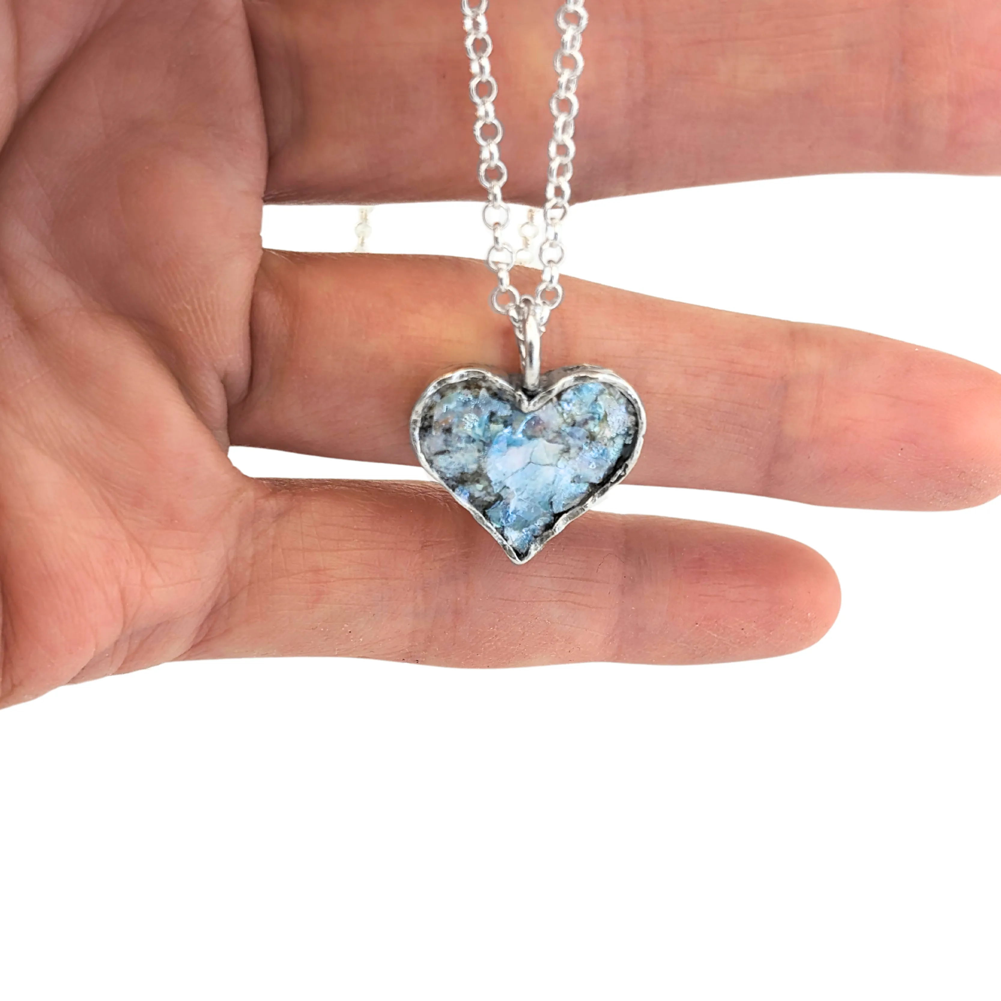 Roman Glass and Sterling Silver Heart Pendant Necklace – Ready to Ship for Christmas