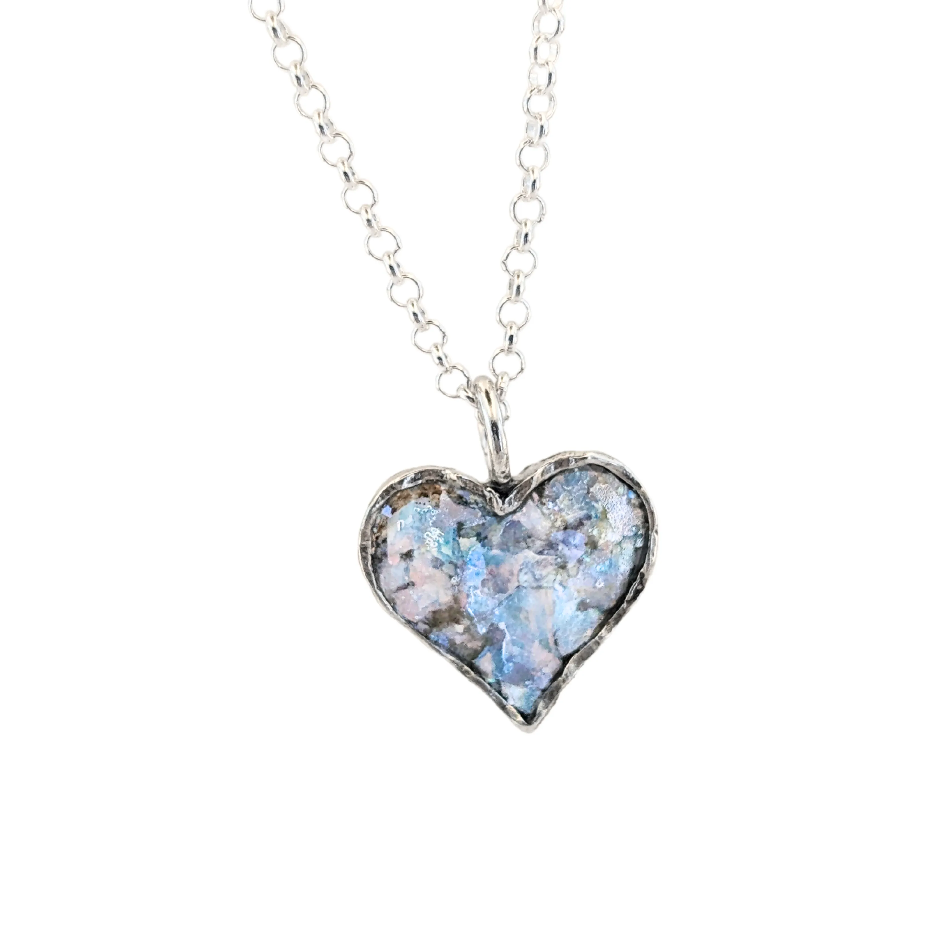 Roman Glass and Sterling Silver Heart Pendant Necklace – Ready to Ship for Christmas