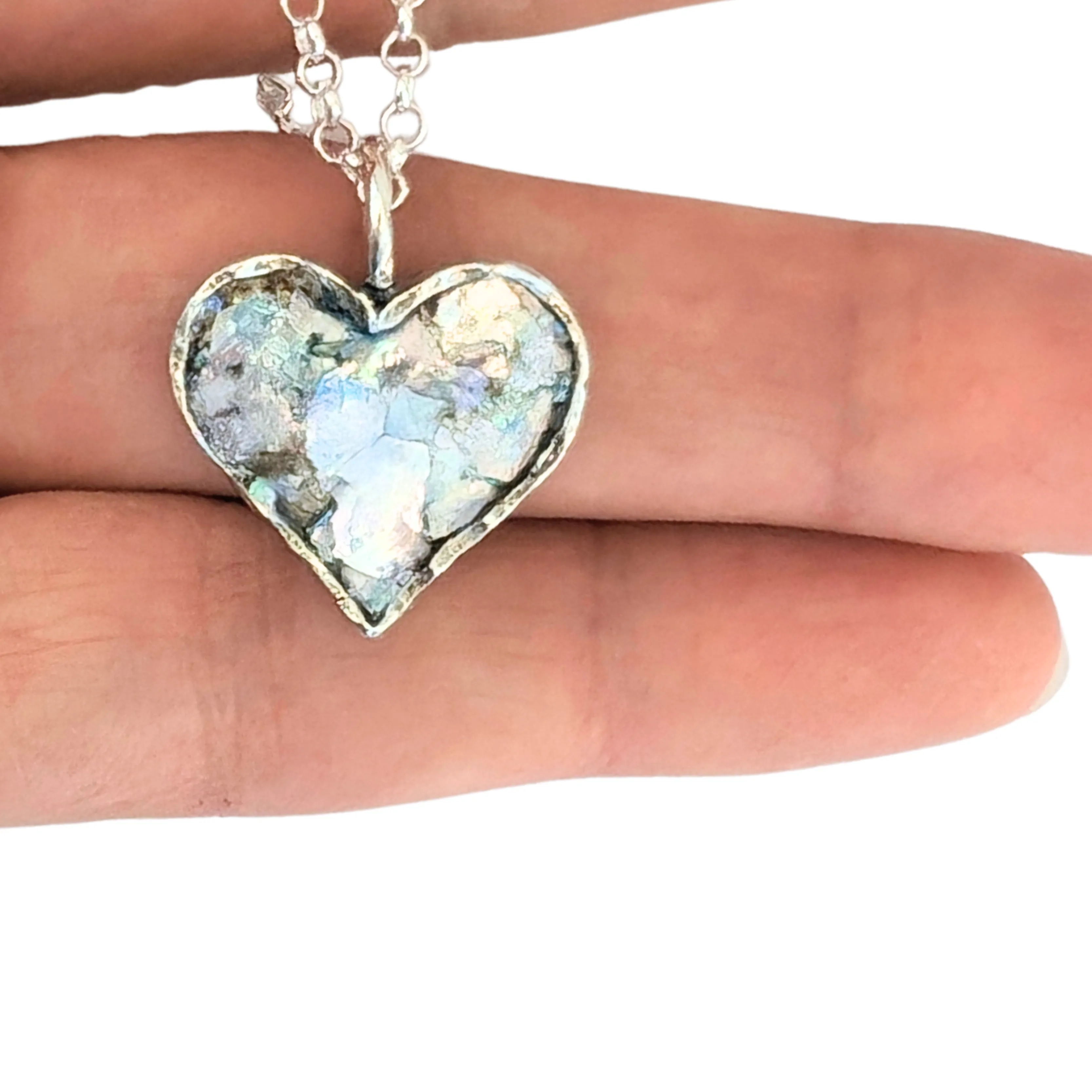 Roman Glass and Sterling Silver Heart Pendant Necklace – Ready to Ship for Christmas
