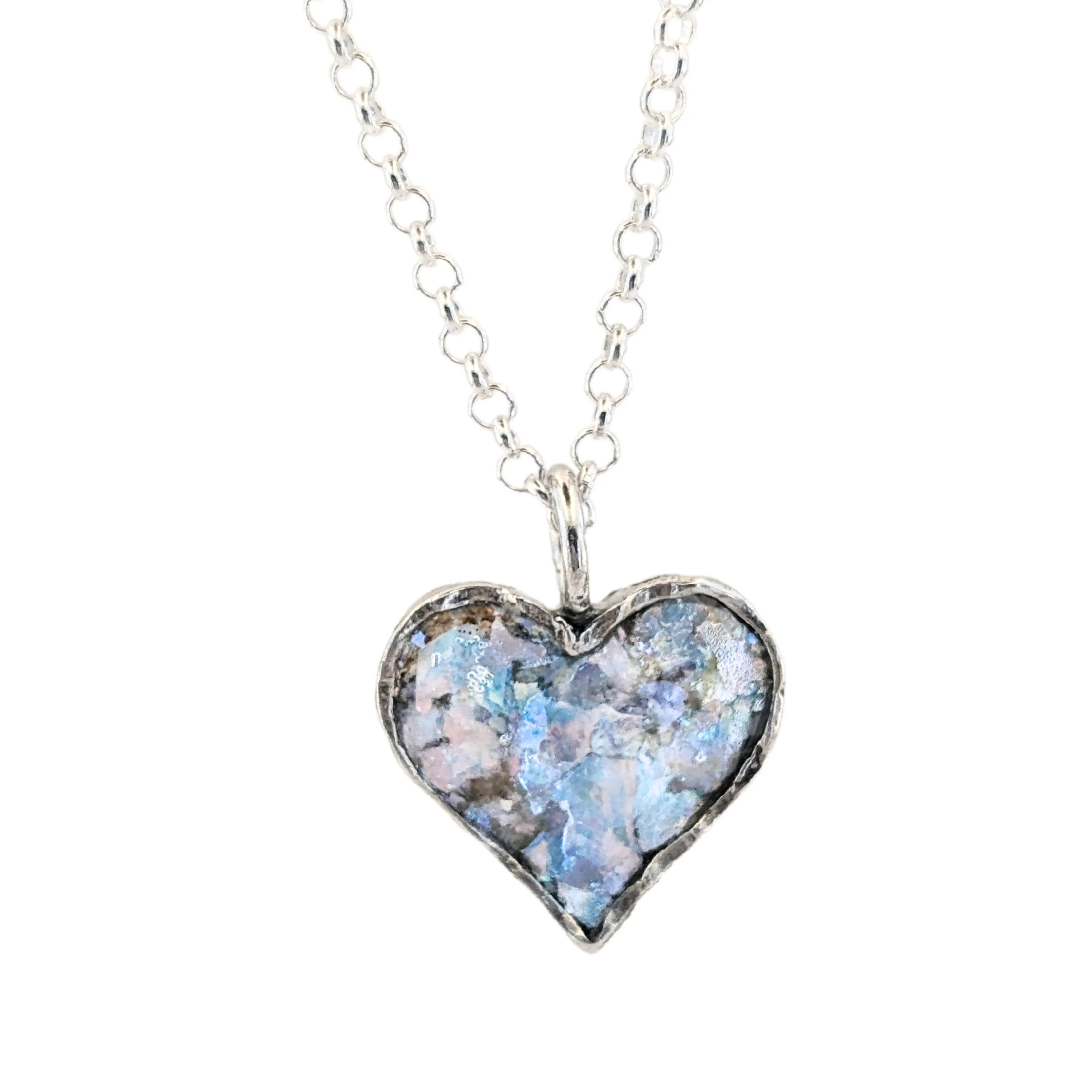 Roman Glass and Sterling Silver Heart Pendant Necklace – Ready to Ship for Christmas