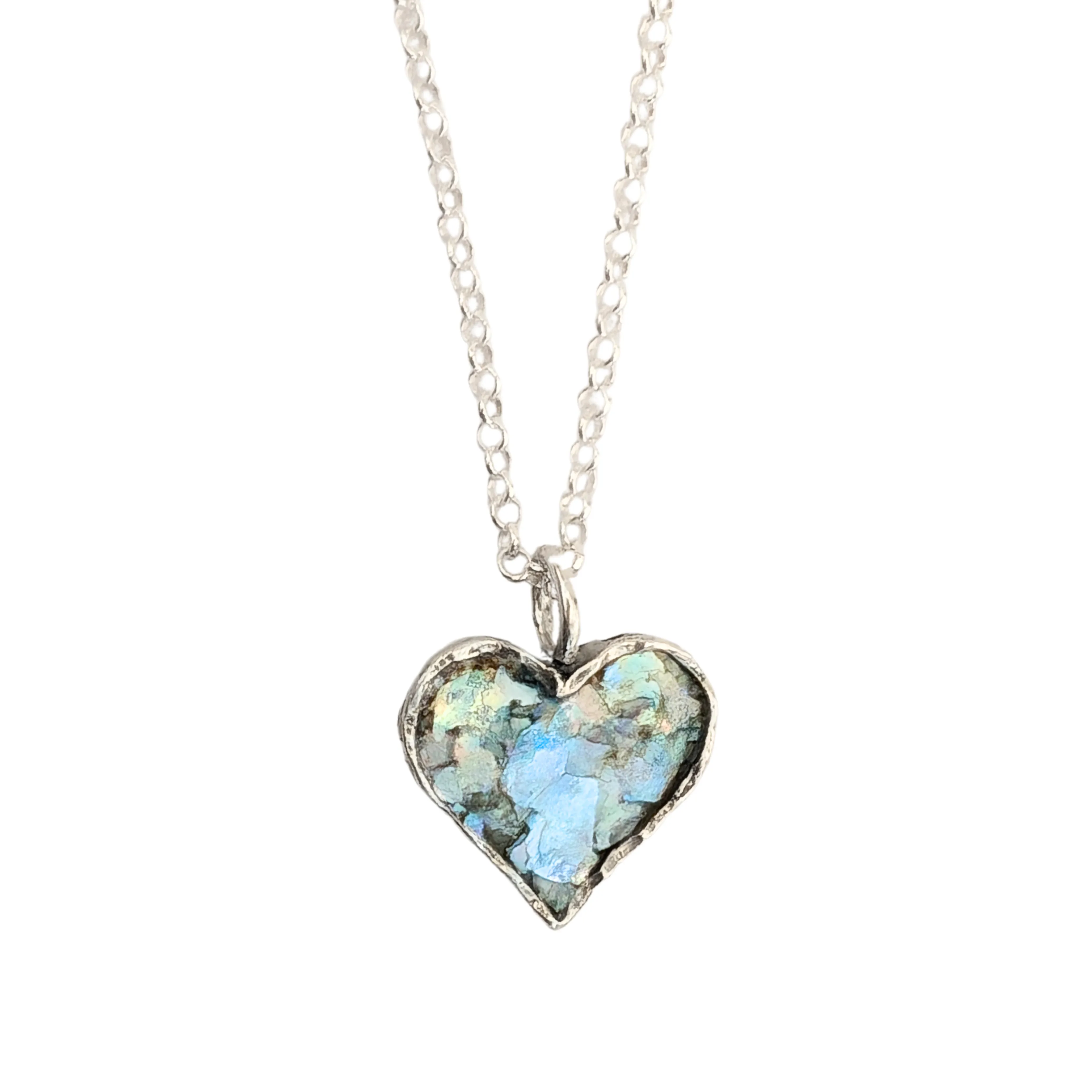 Roman Glass and Sterling Silver Heart Pendant Necklace – Ready to Ship for Christmas