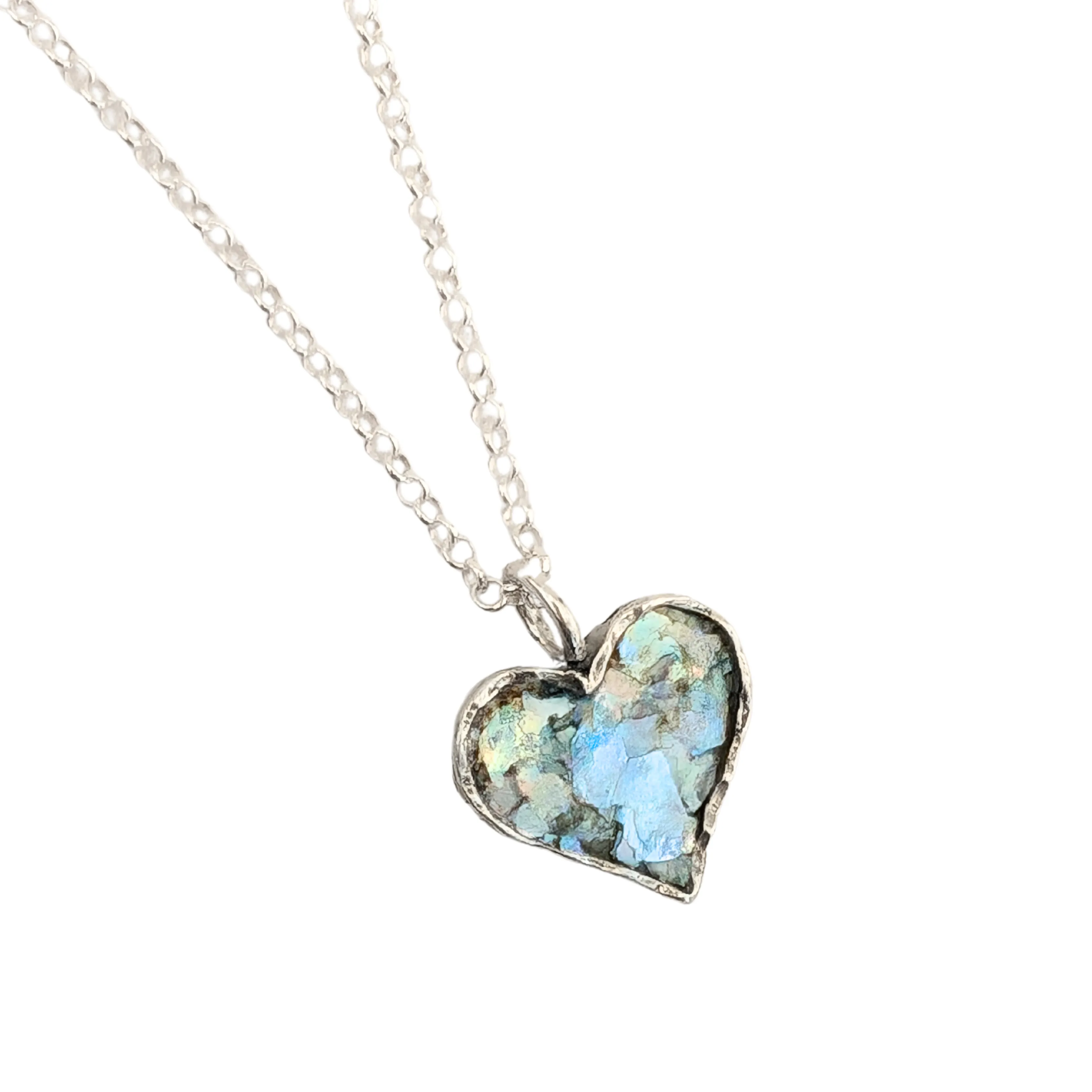 Roman Glass and Sterling Silver Heart Pendant Necklace – Ready to Ship for Christmas