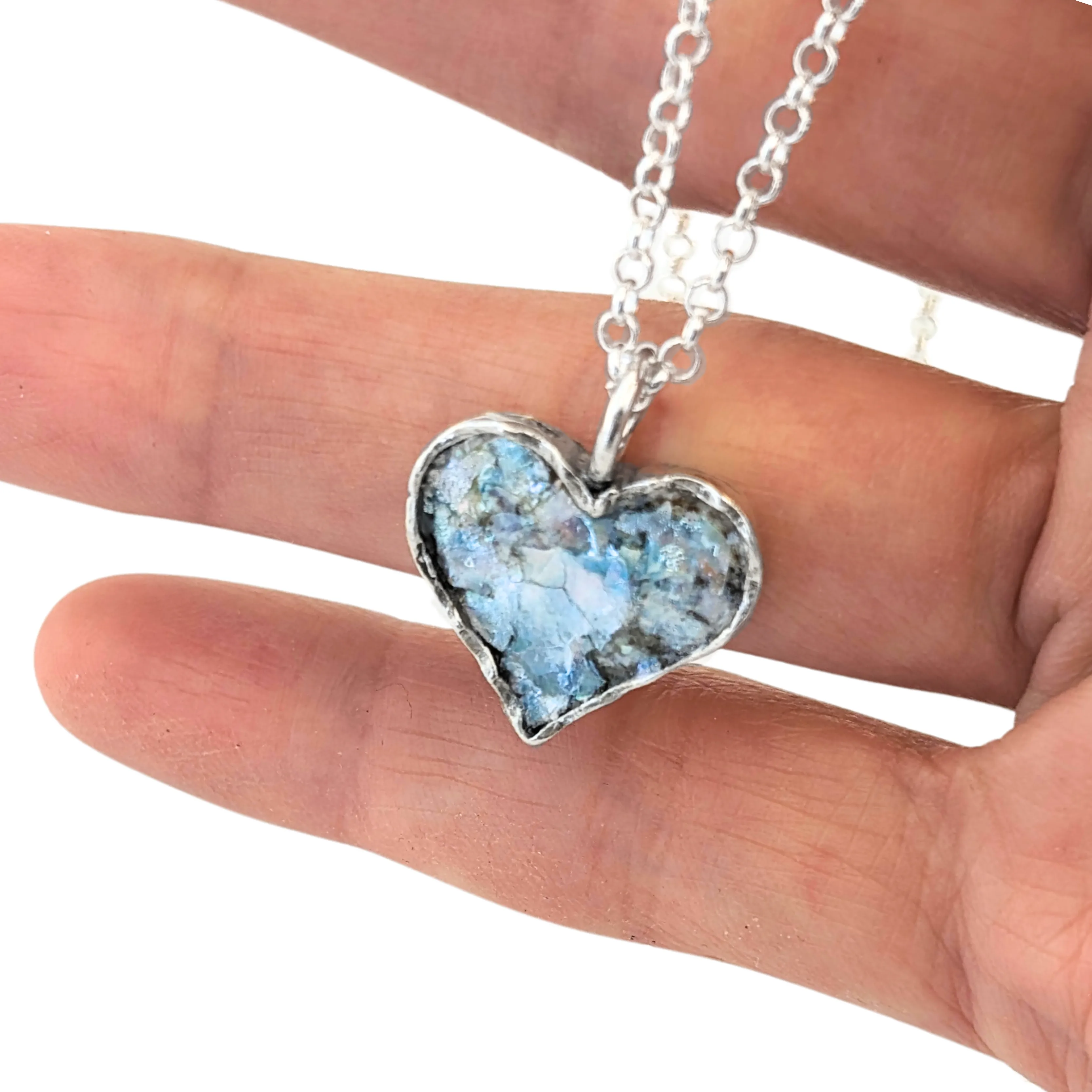 Roman Glass and Sterling Silver Heart Pendant Necklace – Ready to Ship for Christmas