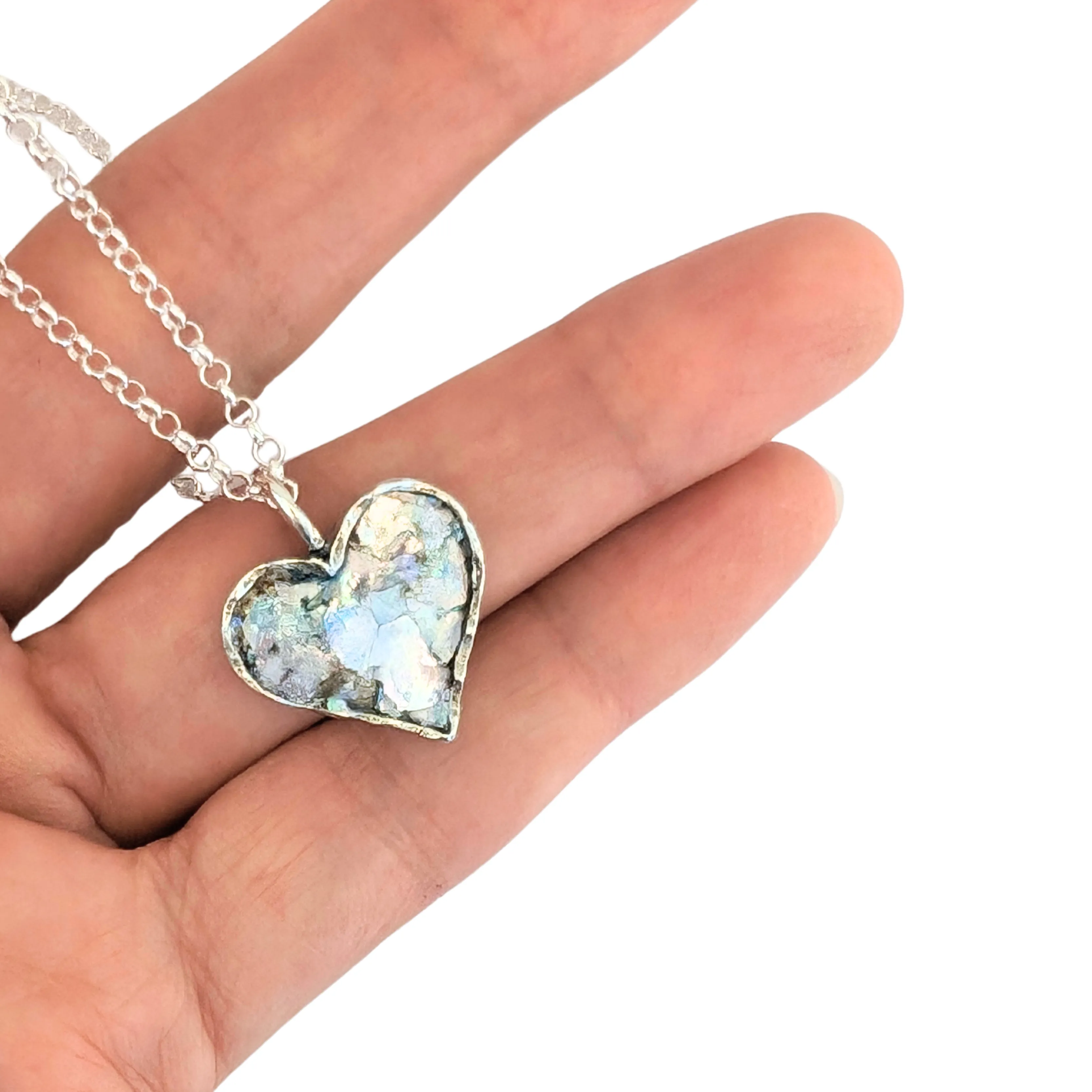 Roman Glass and Sterling Silver Heart Pendant Necklace – Ready to Ship for Christmas