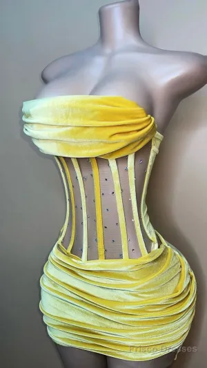 Sexy Strapless Yellow Velvet Prom Dress ,Charming Homecoming Dress