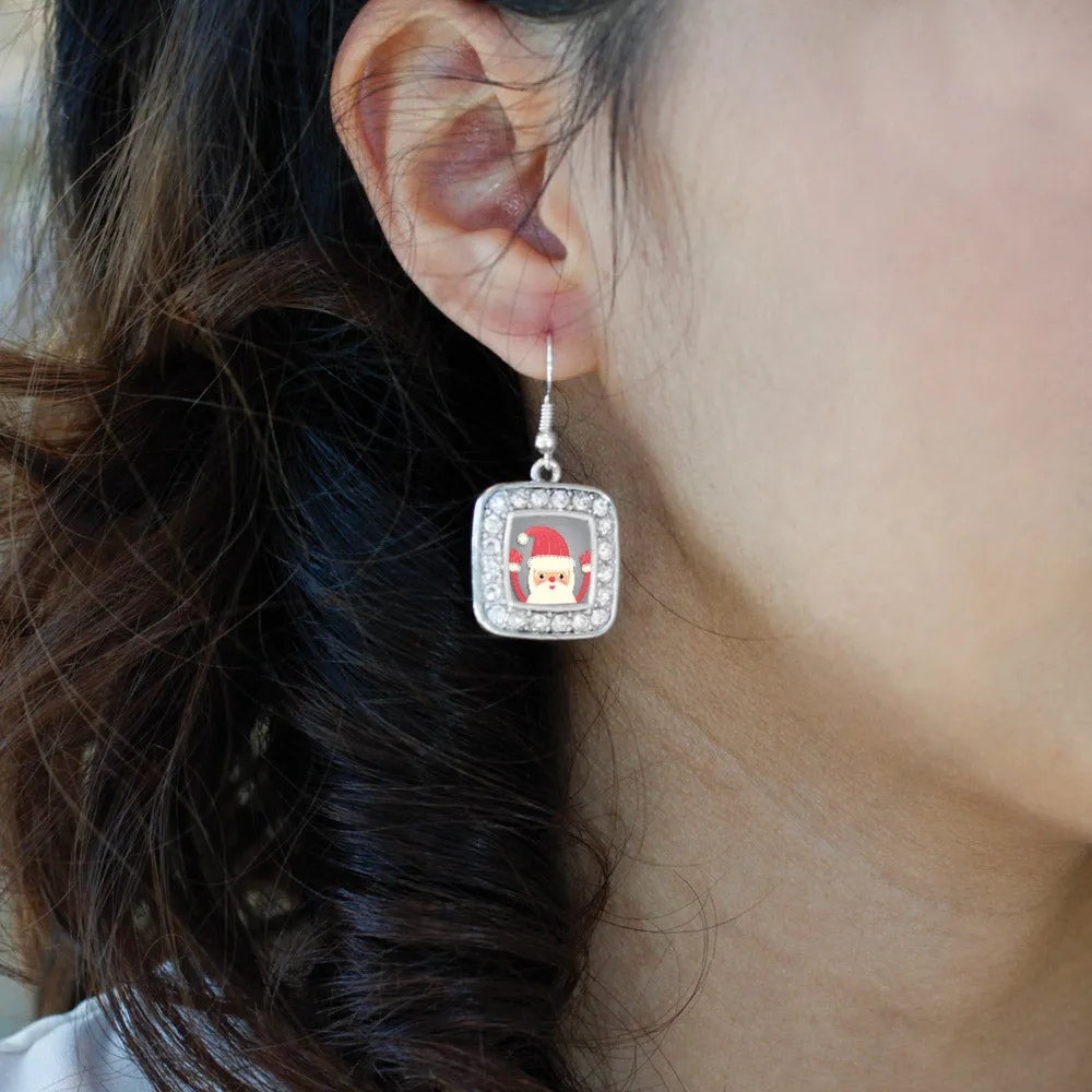 Silver Jolly Santa Square Charm Dangle Earrings