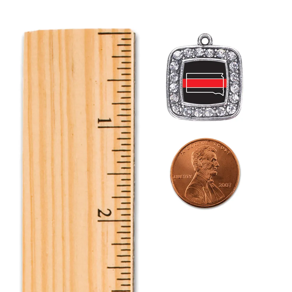 Silver South Dakota Thin Red Line Square Charm Dangle Earrings