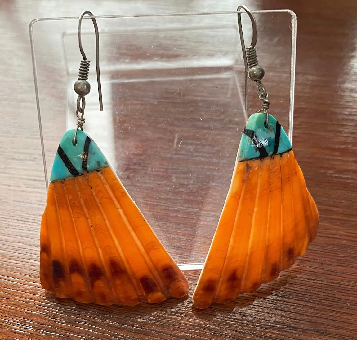 Silver Wire Spiny Oyster Shell Turquoise Onyx Inlay Pierced Earrings Native American