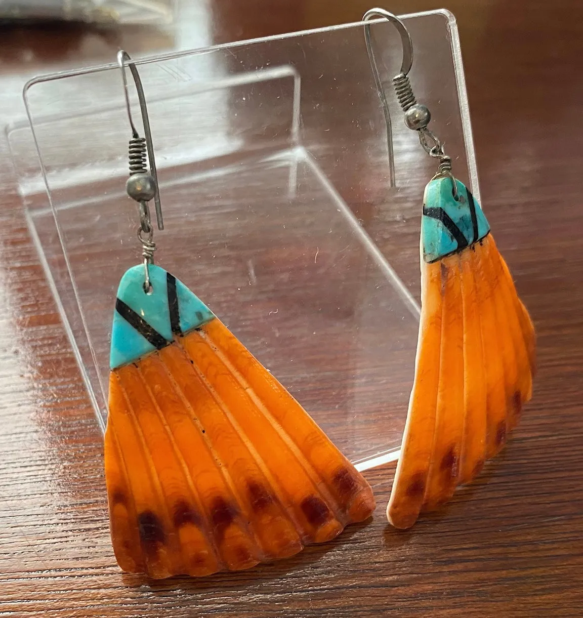 Silver Wire Spiny Oyster Shell Turquoise Onyx Inlay Pierced Earrings Native American