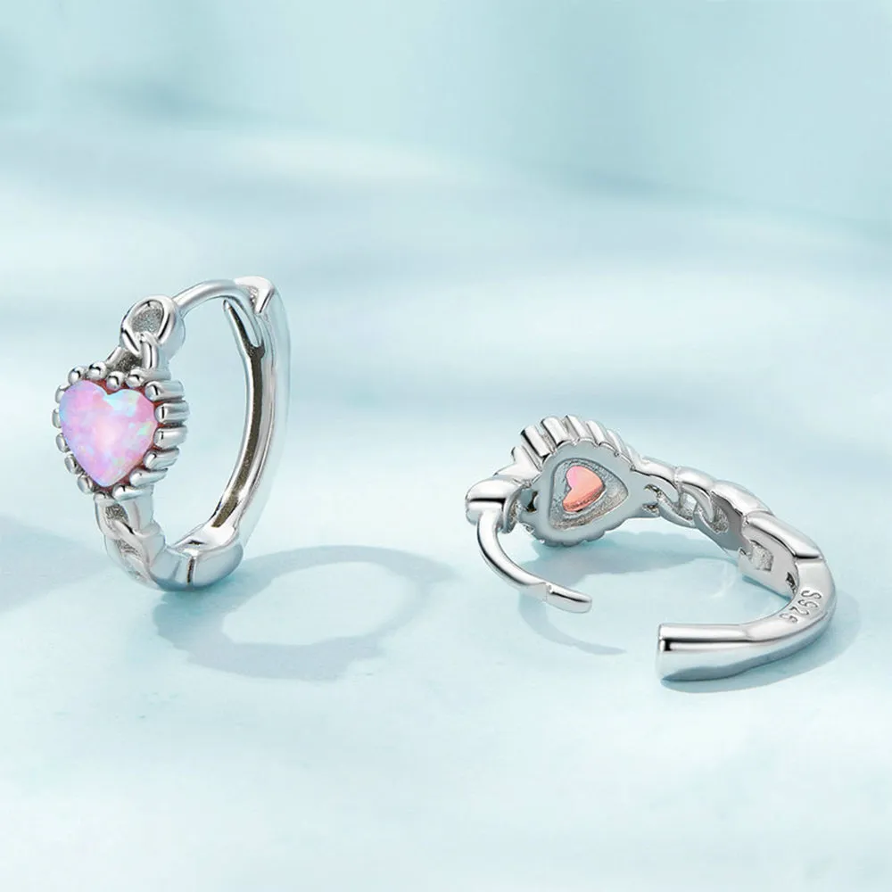 Sterling Silver Opal Heart Girls Earrings