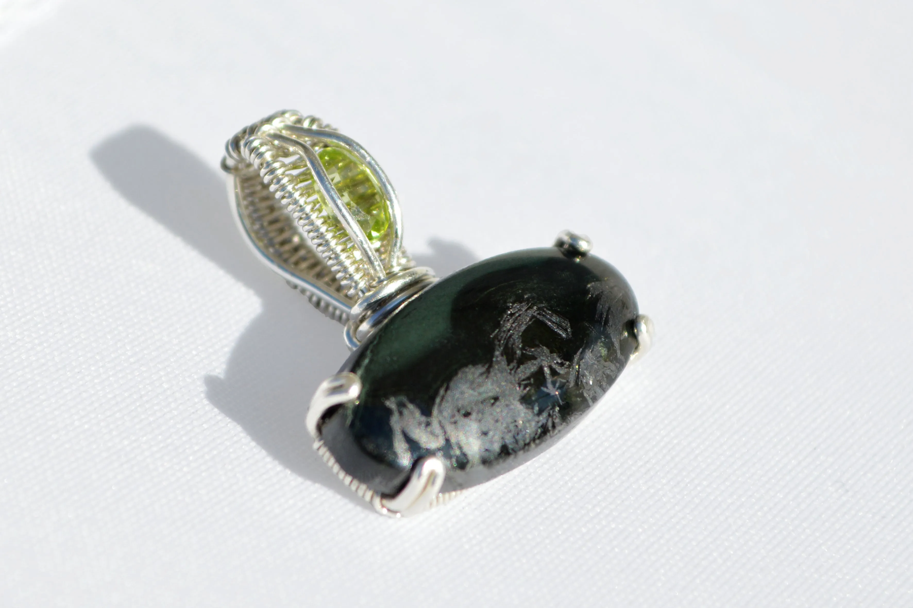 Sterling Silver Wire Wrapped Magnetite in Jade Pendant with Peridot, Peridot Necklace