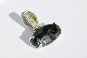 Sterling Silver Wire Wrapped Magnetite in Jade Pendant with Peridot, Peridot Necklace