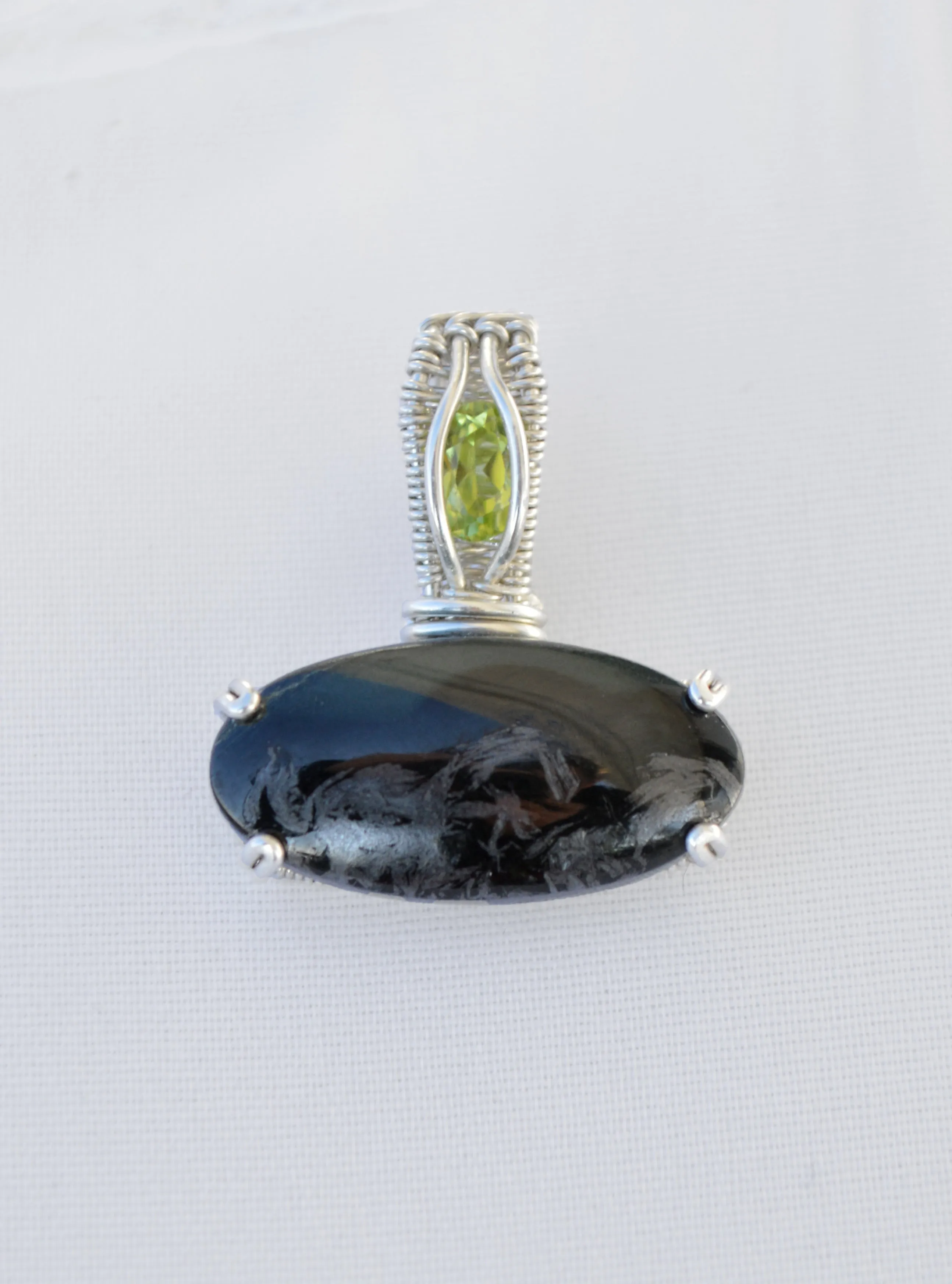 Sterling Silver Wire Wrapped Magnetite in Jade Pendant with Peridot, Peridot Necklace