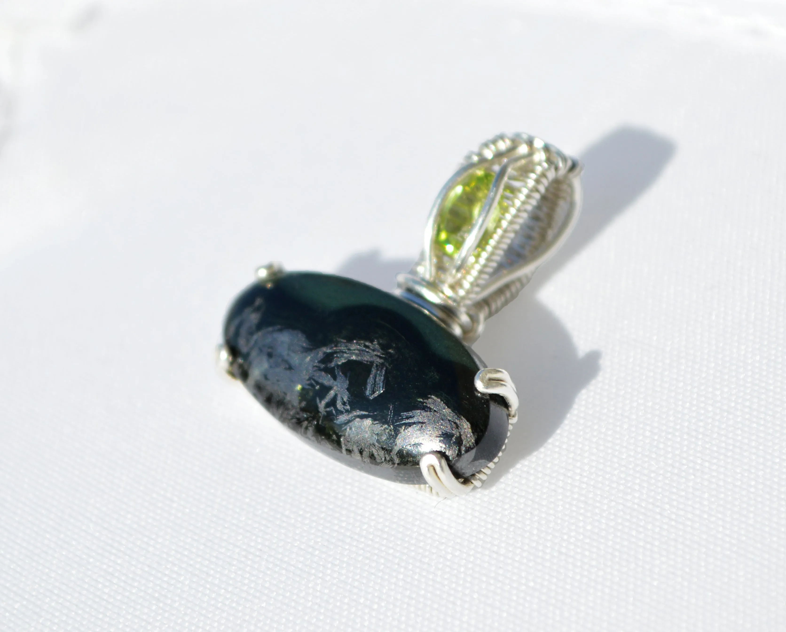 Sterling Silver Wire Wrapped Magnetite in Jade Pendant with Peridot, Peridot Necklace